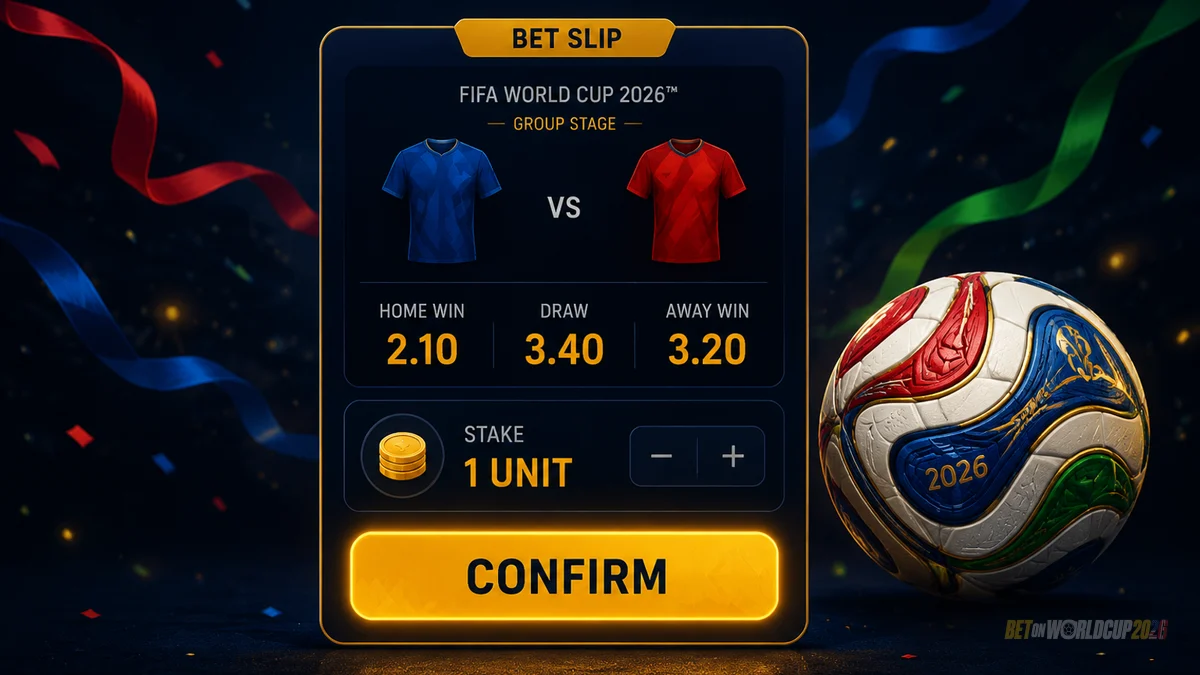 Phiếu cược cách điệu với dòng trận đấu World Cup, tỷ lệ thập phân và đơn vị đặt cược